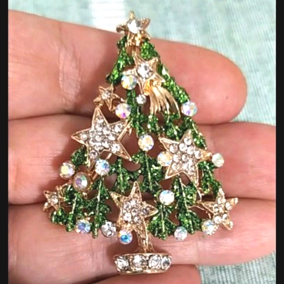 Rhinestone Christmas Tree Brooch pin - Picture 3 of 6